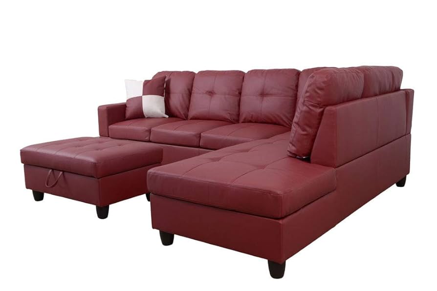 2人掛け・3人掛けソファ Stylish Red Leather Sectional Sofa Hommoo L Shaped 4-Seat Couch, Faux Leather Sectional Couches